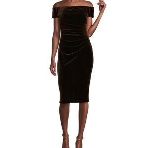 Xscape Off The Shoulder Stretch Velvet Side Ruched Dress in Burgundy - Size 8